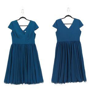 Dress the Population Womens XL Corey Dress Peacock Blue Midi Crepe Cocktail Lace